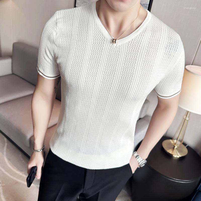 

Men's T Shirts British Style Ice Silk Knitted V-neck Short-sleeved T-shirt Men's Slim Elastic Business Casual Streetwear Men Clothing, Black