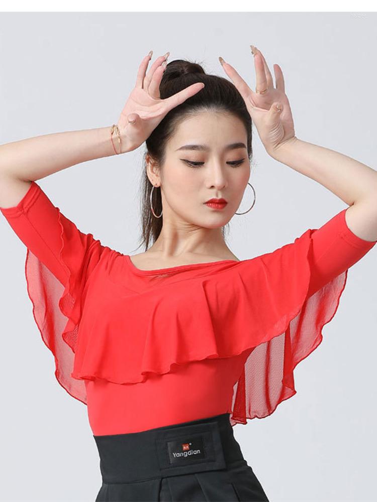 

Stage Wear Elegant Modern Dance Party Tops Graduation Classical Costume Ruffle Street Festival Outfit Women Festivals Latin Slim Fit Shirt, Black