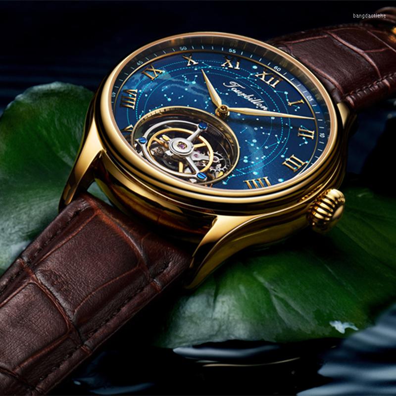 

Wristwatches Luxury Real Tourbillon Movement Skeleton Watch For Men Hand Wind Mechanical Sapphire Fashion Mens Watches Waterproof Wooden Box, B rose case