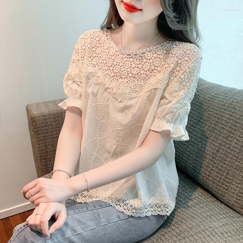 

Women's Blouses Korean Summer Clothing Fashion Loose Tops Short Sleeve Women Shirt Patchwork Hollow Out Lace Blouse, Apricot