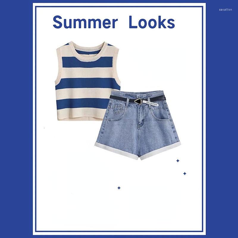 

Women' Tracksuits 2023 Summer Round Neck Stripe Short Section Sleeveless Top Suit Belt Waist Straight Shorts Two-piece Female Y2K, Two pieces