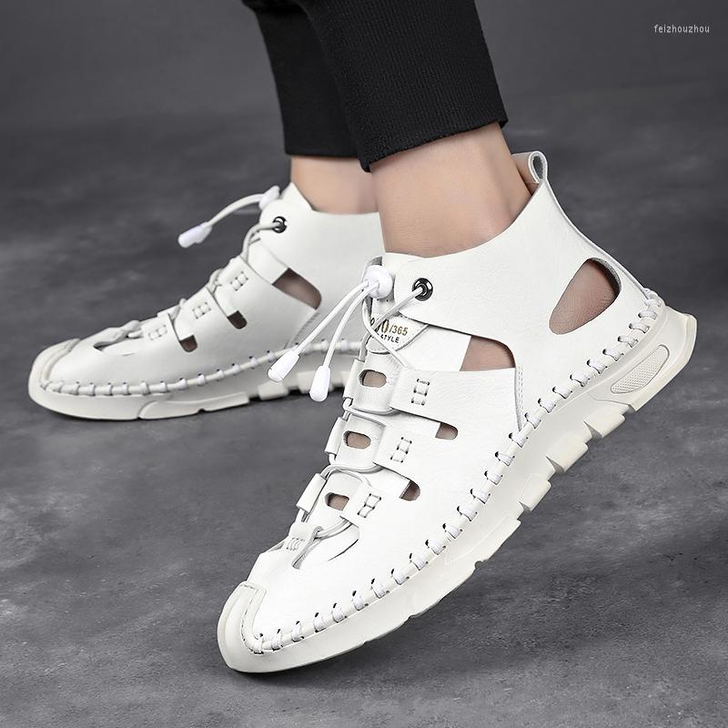 

Sandals Summer White High-top Roman Men Gladiators Lace Up Buckle Leather Casual Shoes Breathable Beach Outdoor Slippers, Black