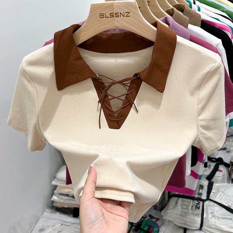 

Women' T Shirts 2023 Women Cross Bandage T-shirts Summer Patchwork Tops Short Sleeve Tees Y2K Harajuku Stretch Slim Shirt Female Mujer 3419, Beige