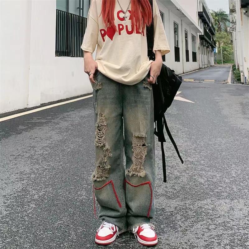 

Jeans HOLE TREND GIRL DENIM STRAIGHT PANTS Y2K HIPHOP HIGH STREET RETRO HOT HIG WAIST BAGGY WIDE LEG JEANS WOMAN, Torn red pants