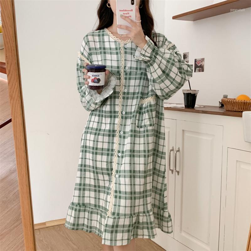 

Women's Sleepwear Green Plaid Pajamas Women's Autumn Long-sleeved Button Cardigan Nightdress Ruffled Cute Lace Loungewear Loose Midi