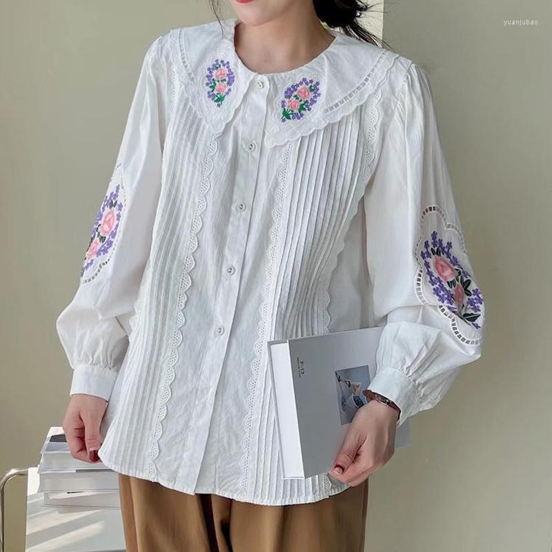 

Women's Blouses Johnature Vintage Embroidery Floral Womens Tops And 2023 Spring Autumn Casual Cotton Mori Loose Female Shirts, White