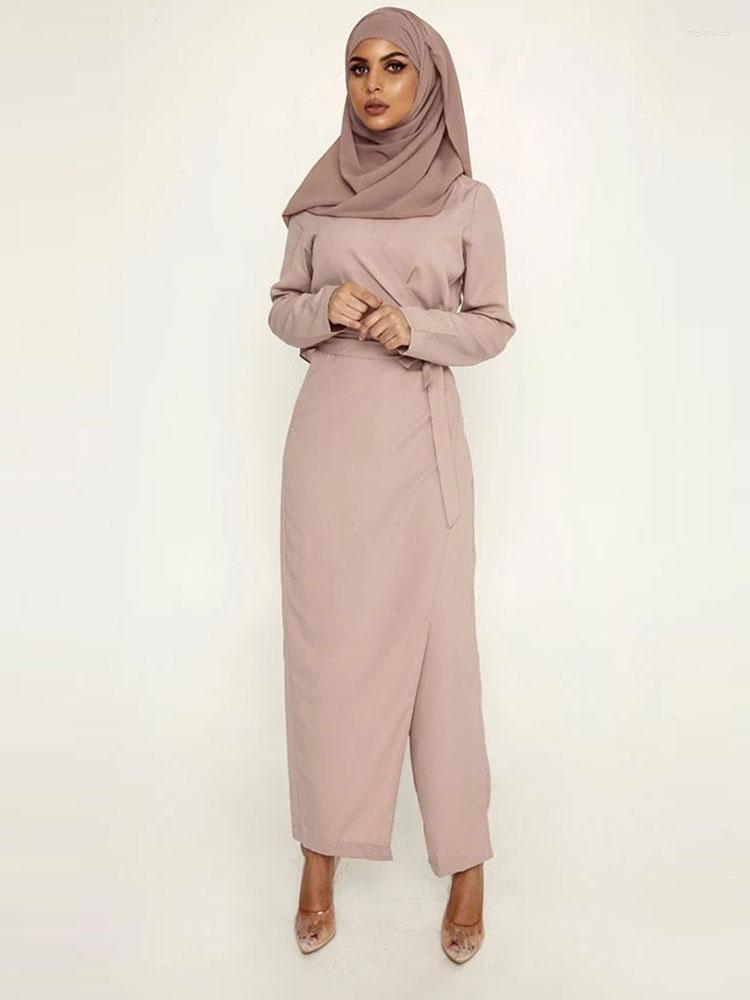 

Ethnic Clothing Nida Jumpsuit Muslim Sets Dress Women Elegant Patchwork Wrap Skirt Wide Leg Pants Matching Suit Islam Dubai Turkey Abaya