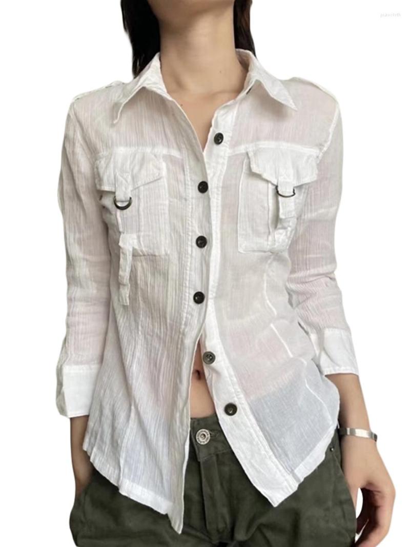 

Women' Blouses Y2k Aesthetic Top Women White Turn Down Collar Single Breasted Long Sleeve Tops With Pockets Autumn Streetwear