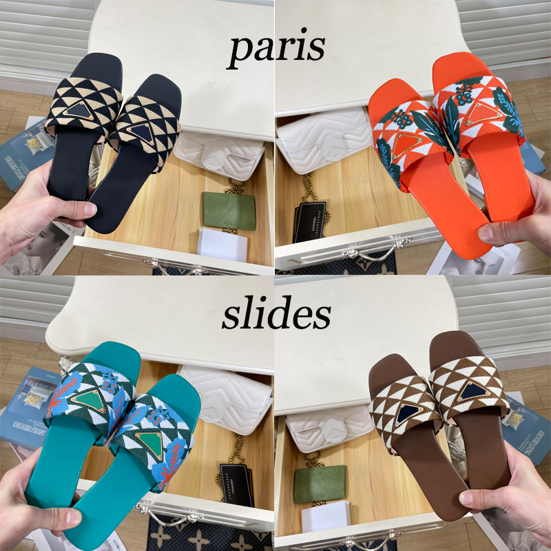 

2023 Woman Embroidered Fabric Slides Slippers Multicolor Embroidery Mules Womens Home Flip Flops Casual Sandals Summer Leather Flat Slide Rubber Sole size 35-42
