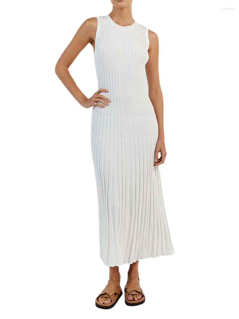 

Casual Dresses Women Ruffle Hem Dress Knitted Bodycon Crew Neck Sleeveless Pleated Party Beach, White