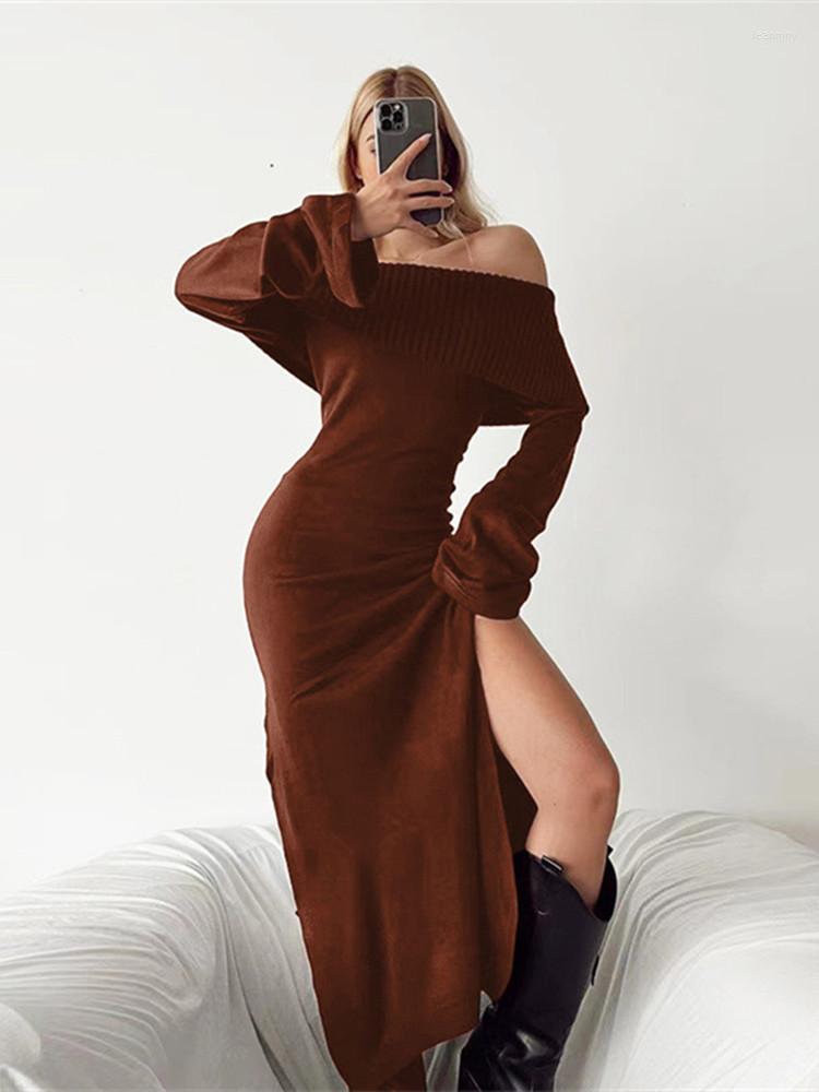 

Casual Dresses Elegant Women Fall Off Shoulder Bodycon Sweater Dress Long Sleeve Slim Fit Knitted Pullover Pencil, Auburn