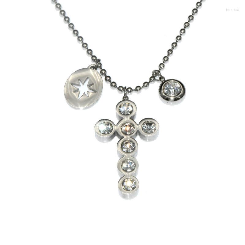 

Pendant Necklaces High Quality Mirror Polish 316L Stainless Steel CZ Setting Wind Star Charms Cross Ball Chain Necklace For Women Jewelry