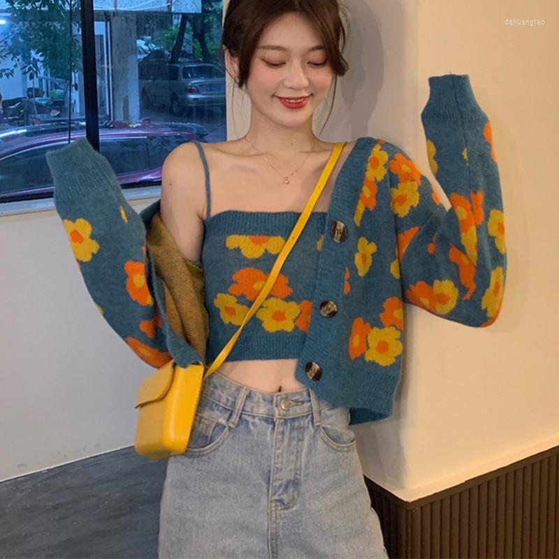 

Women's Knits Herstory 2023 Autumn Cropped Cardigan Knit Sweater Set Sweet Sling Vest Crochet Floral Vintage Pull Femme Korean Tops Coat, Apricot suit