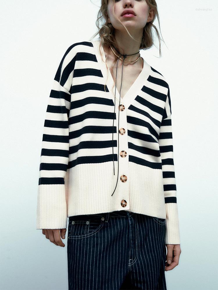 

Women' Knits Sweaters For Women 2023 Autumn Winter Long Sleeve Casual Striped Cardigan V Neck Single Breasted Loose Knitted Sweater, Beige