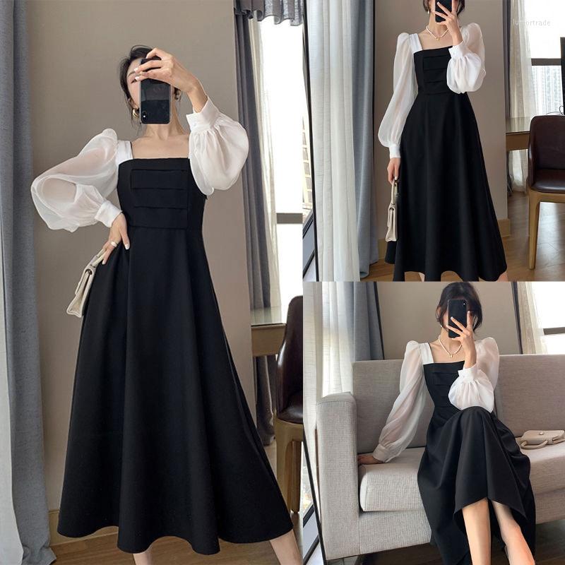 

Casual Dresses Women Organza Mesh Puff Long Sleeve Midi Swing Dress Colorblock Patchwork Square Neck A-Line Pleated Flare, Picture shown