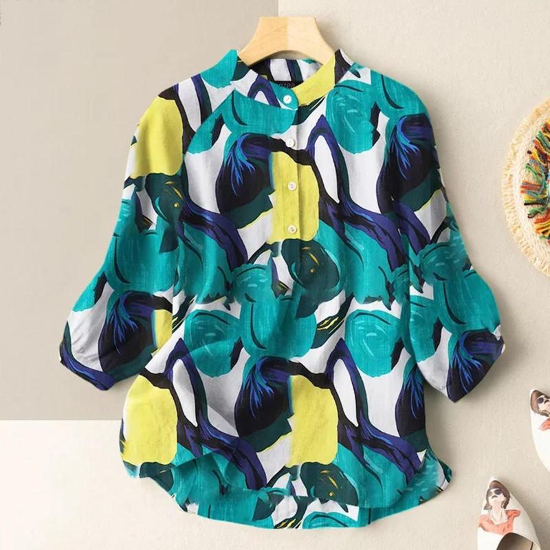

Women's Blouses Spring Shirt Women 2023 Loose Cotton Linen Blouse Female Casual 3d Print Long Sleeve Streetwear Half Button Shirts