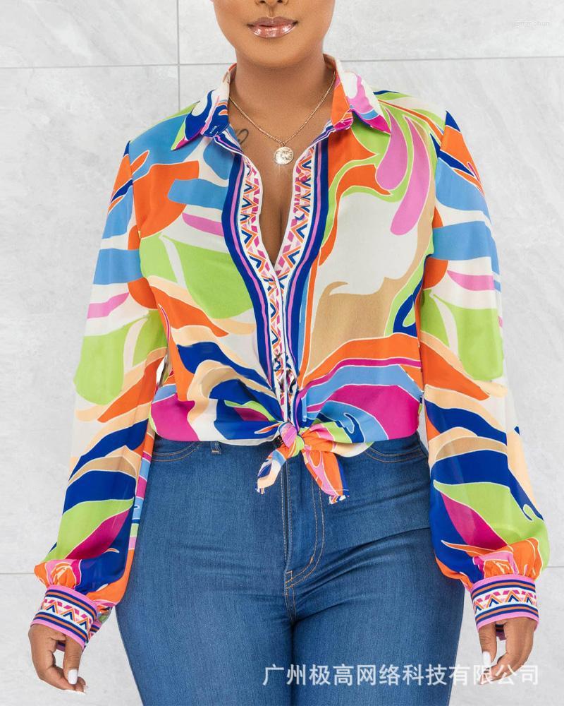 

Women' Blouses Abstract Print Lantern Sleeve Button Down Shirt Women Blouse Fashion Casual Spring Summer Shirts Turn Neck, Multicolor