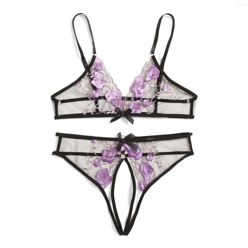 

Bras Sets Women's Underwear 2 Pieces Lingerie Set Floral Embroidery Mesh Bra And Crotchless Panty Exotic, Purple
