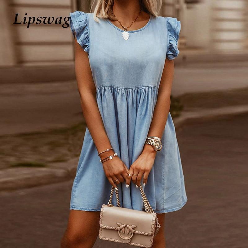 

Casual Dresses Fashion Summer Elegant Ladies Party Dress 2023 Solid Women Ruffle Sleeve Jean Mini O Neck Loose Denim Vestido, 02 dark