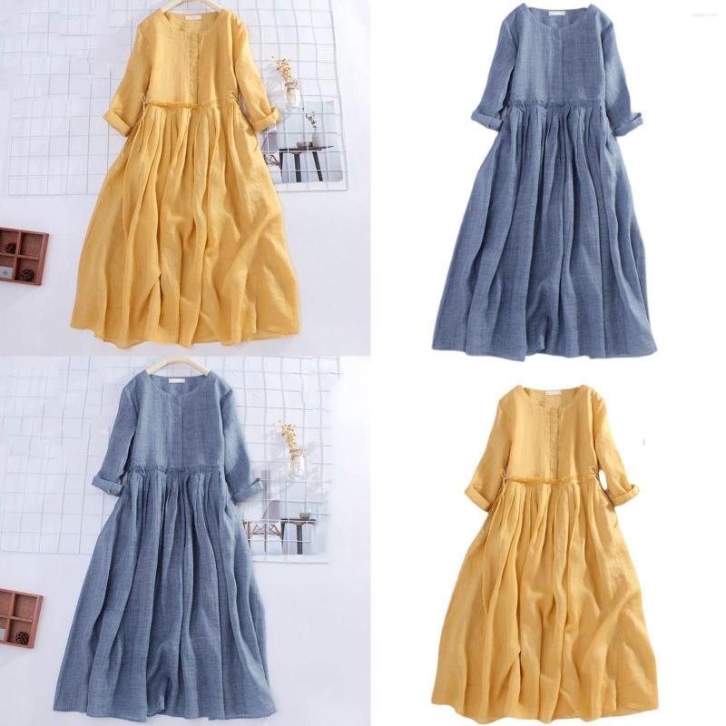 

Casual Dresses Women'S Dress Flax Spring And Summer Round Neck Pleated Draw Rope Seven Point Sleeves To Show Thin Loose Long, Blue