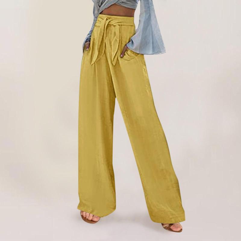 

Women' Pants Casual Summer Woman Elastic Waist Solid Color Long Trousers Belt Straight Wide Leg Women Clothing Beachwear Jersey, Yellow