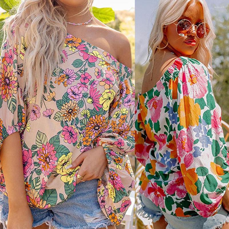 

Women' Blouses Spring/Summer Print Oblique Shoulder Long Sleeve Loose Casual Top Shirt For Women Blouse Streetwear, Khaki