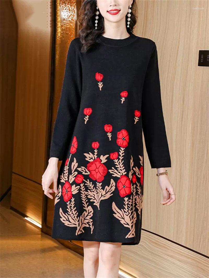 

Casual Dresses Short Knitted Dress Mother 2023 Autumn Winter Large Size Women's Long Sleeve Sweater Fashion Printed Floral Pullover T078, Red