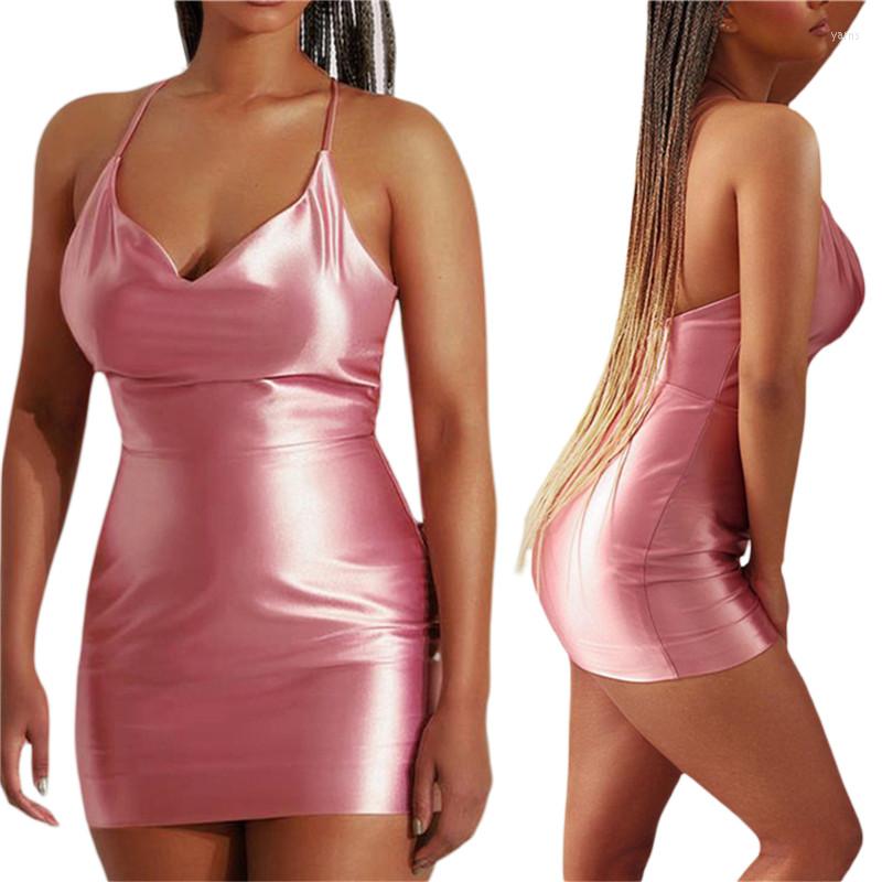 

Casual Dresses Women' Sexy Bodycon Cami Dress Elegant Spaghetti Strap Sleeveless Backless Wrap Mini Summer Streetwear For Club Party, Pink