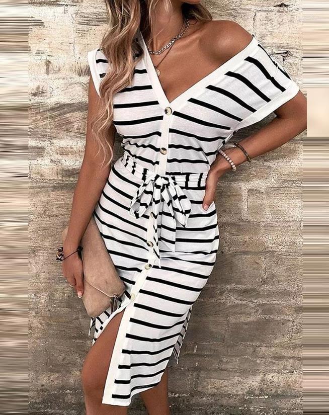 

Casual Dresses Spring And Summer Women' Striped Lace-up Cardigan Single-breasted Slit Dress