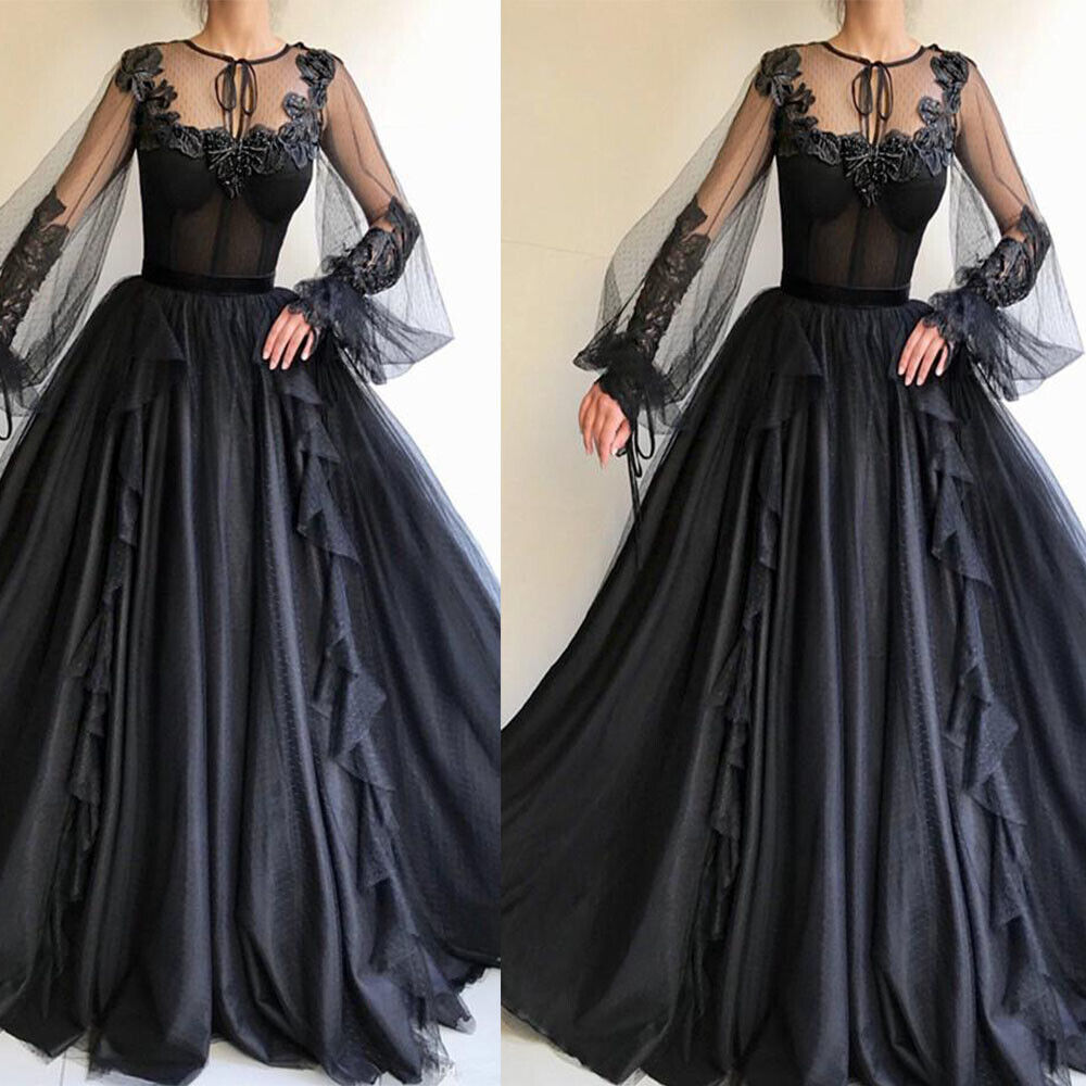 

Gothic Wedding Dress A-line Black Fluffy Long Sleeve Tulle Bridal Dress