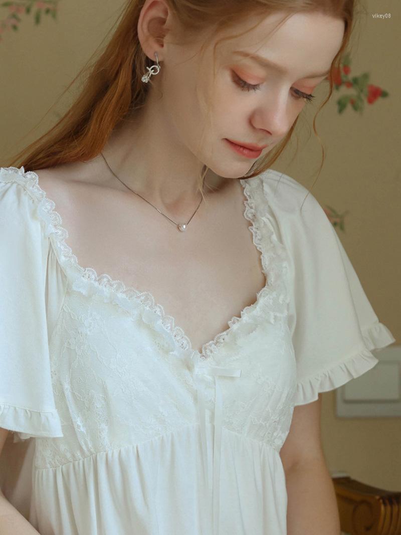 

Women's Sleepwear Women Summer Cotton Pajamas Nightdress French Fairy Short Sleeve V-neck Sweet Ruffles Princess Vintage Loose Victorian, White