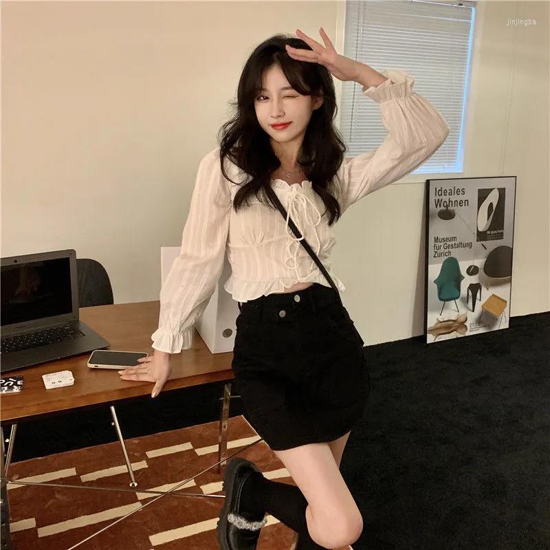 

Women' T Shirts Blouses Women Sexy Aesthetic Kawaii Slim Temperament Bow Puff Long Sleeve Solid Trendy Female Elegant Crop Tender Spring, Blue