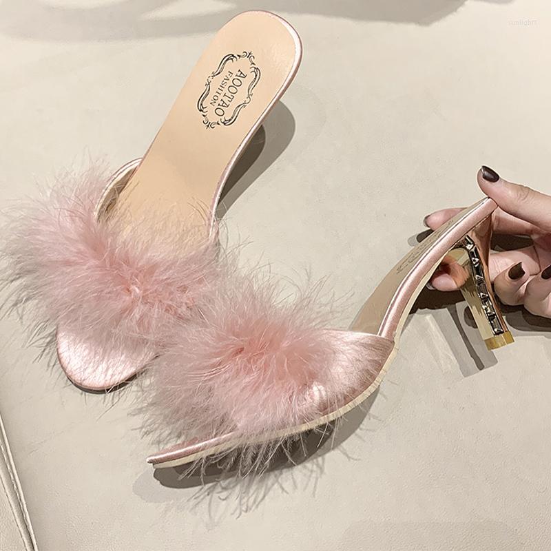 

Dress Shoes Women High Heels Fur Sandals 2023 Summer Fashion Sexy Pumps Slingback Slippers Stilettos Hiking Chaussure, Black