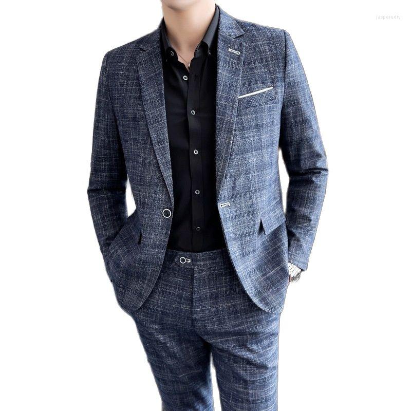 

Men' Suits Foreign Trade Large Size -5XL (suit Trousers) Fashion Trend Linen Business Casual Slim And Handsome Two-piece Plaid Dress, Blue