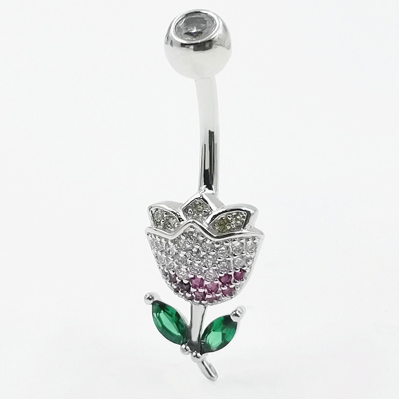 

WQFS Manufacturer's direct approval of S925 pure silver navel ring, European and American diamond inlaid zircon rose flower navel nail, human piercing jewelry