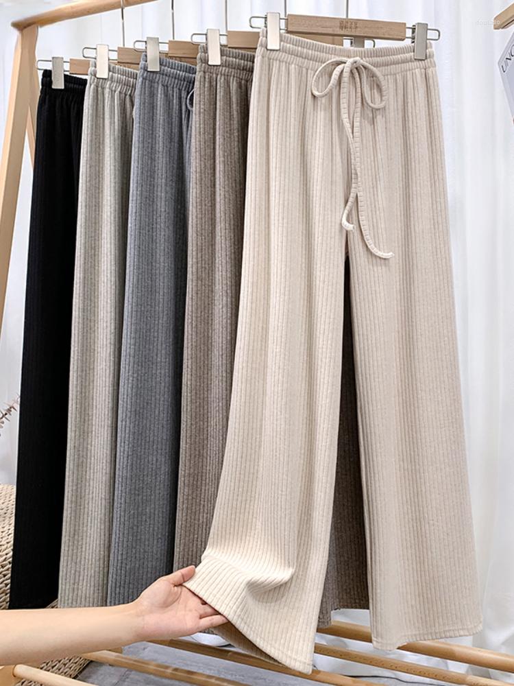 

Women' Pants Spring Autumn Women Casual Straight Floor-length Trousers Female Drawstring Loose Knitted Wide Leg, Black