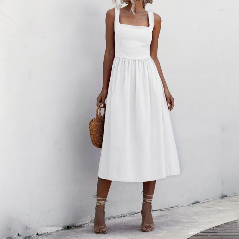 

Casual Dresses Women Long Dress Summer Sexy Backless White Black Ruched Slip Midi Sundresses 2023 Ladies Strap Clothes For Y2k