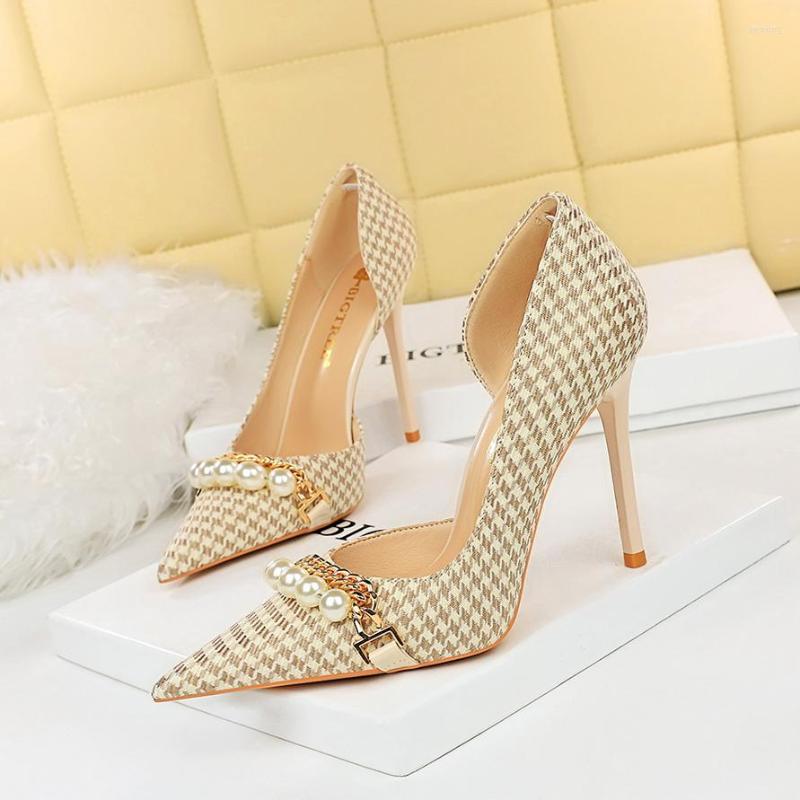 

Dress Shoes 2023 Fashion Pearl Chain Office Women Pumps Side Hollow Plaid High Heels Stiletto Pointy Toe Female Party Plus Size 43, Apricot 7.5cm