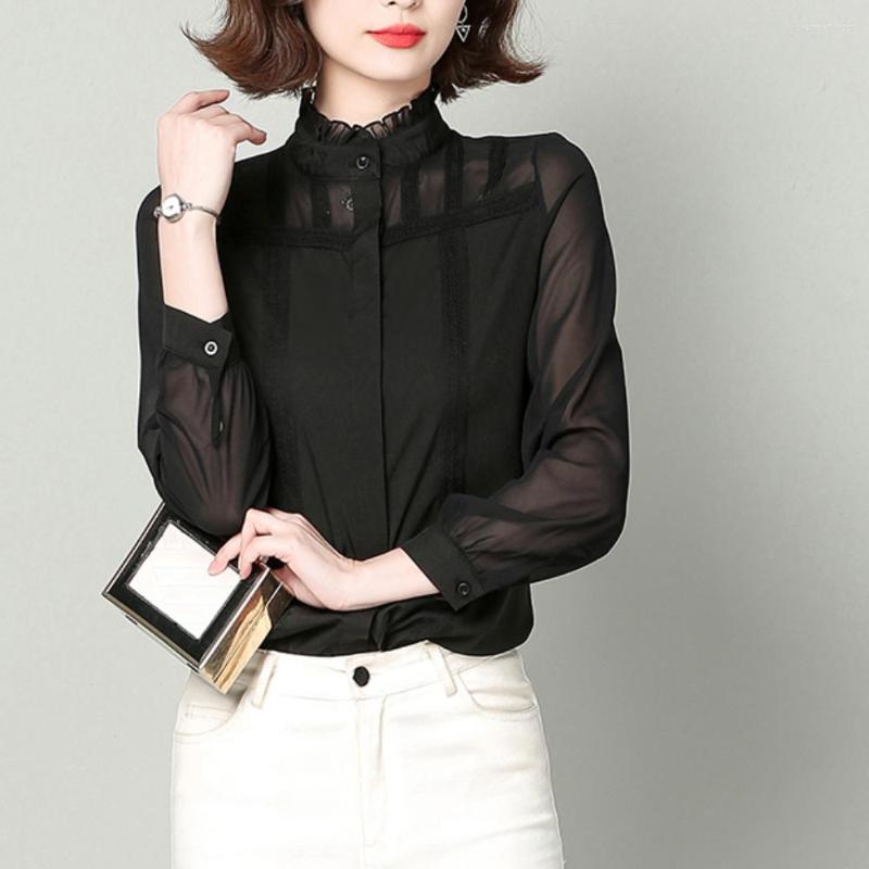 

Women's Blouses Ladies Sexy Black Tulle Sheer Women Elegant Lace Stitching Chiffon Shirts Female Casual Tops 2023 Blusas Feminina