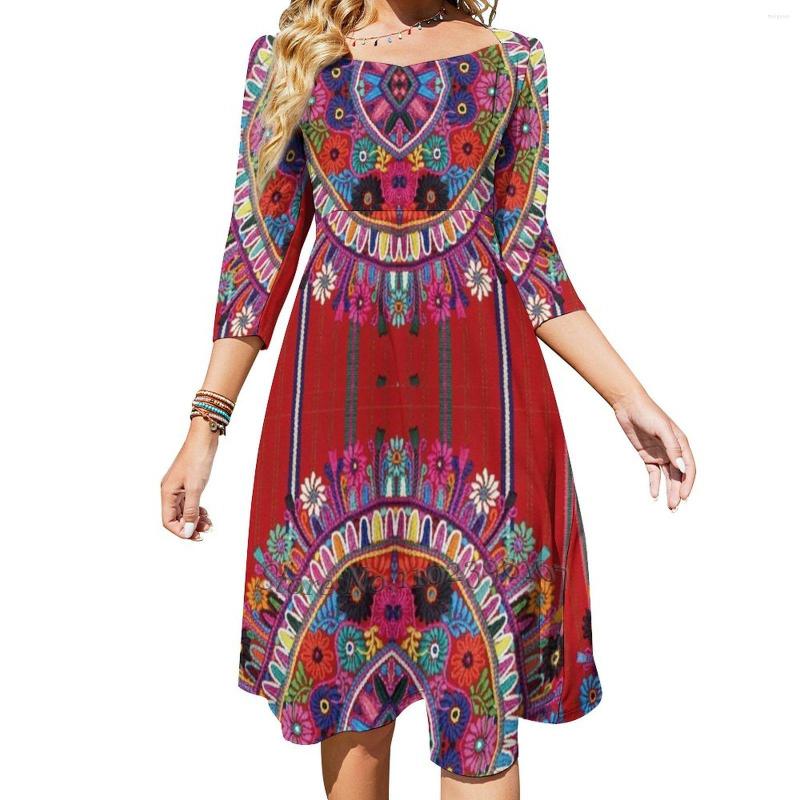 

Casual Dresses Flower Circles Mayan Design Evening Party Midi Sexy Dress Female Sweet One Piece Korean Mexican Aztec Guatemala, Byq