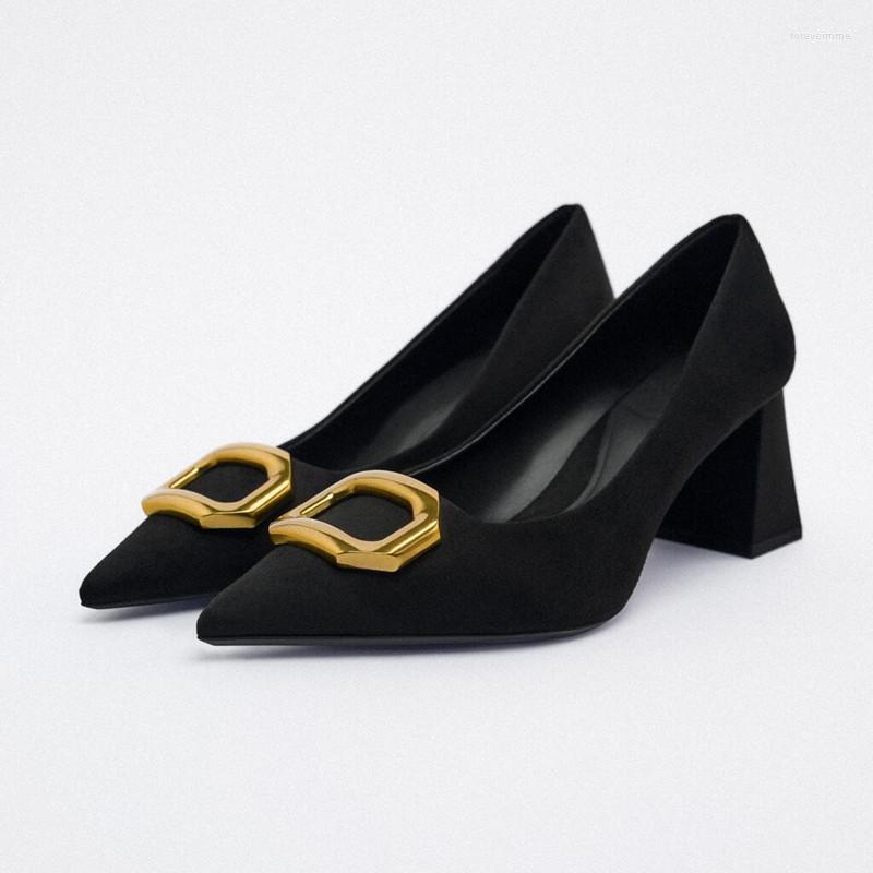

Sandals TRAF 2023 Black Heeled Pump Shoes Women Block Hee Heels Pointed Toe Office Lady Pumps Woman Casual Front Metal High, Xt112