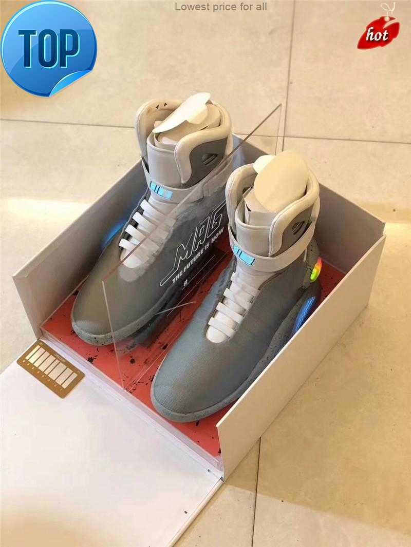 

TOP 2020 Automatic Laces Air Mag Back To The Future Glow In The Dark Gray Basketball Shoes Marty McFly's LED Shoes Lighting Mags Black Red, Us8.5c=eur25