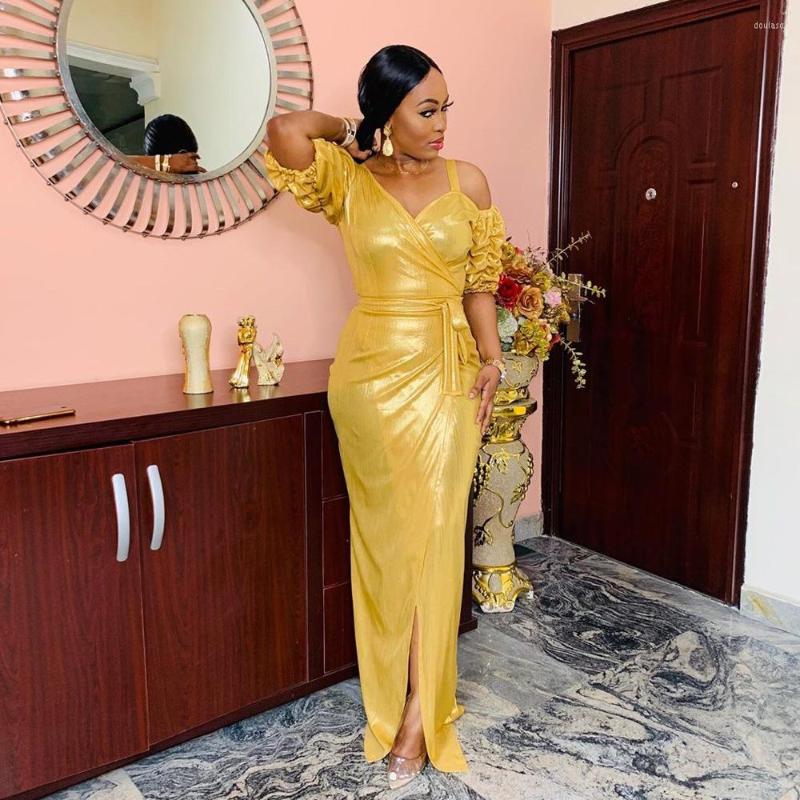 

Ethnic Clothing African Dresses For Women Golden O-Neck Sexy Party Dress Long Half Sleeve Maxi American