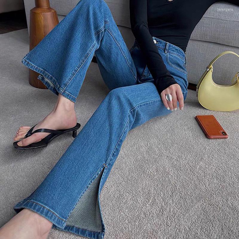 

Women' Jeans 2023 In High Waist Women Flare Side Slit Turkey Denim Cotton Pants Quality Full Length Vintage Spring, Blue