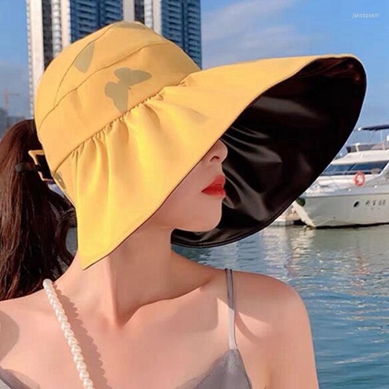 

Visors Women Butterfly Hat Foldable Sun Wide Large Brim Beach Hats Straw Inner Layer Vinyl Sunscreen UV Protection Cap, Bg2-flat top