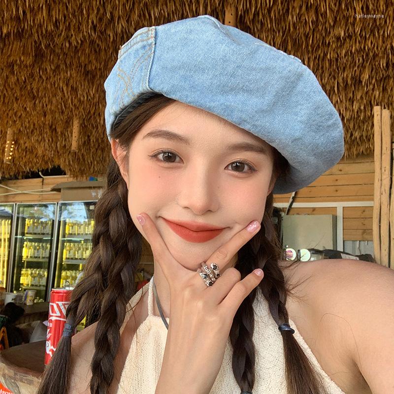 

Berets Japanese Harajuku Denim For Women 2023 Ins Spring And Summer Shading Versatile Korean Fashion Painter Beret Hats, Light blue