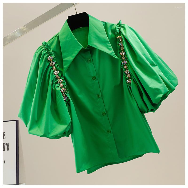 

Women's Blouses 2023 Summer Office Lady Diamond Chain Single-Breasted Irregular White Shirt Women's Short Sleeve Loose Tops, Black