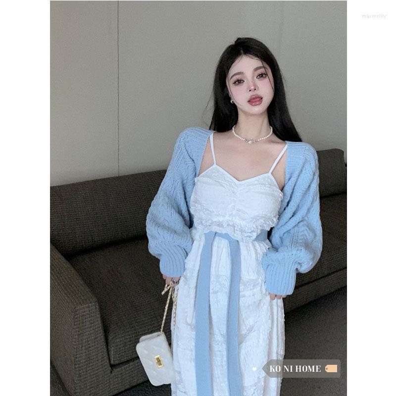 

Work Dresses GkyocQ Elegant Dress Sets Slim Waist Suspender Lace Robe Solid Knitted Cardigans Vintage Two Piece Female Outfits, 2pc set