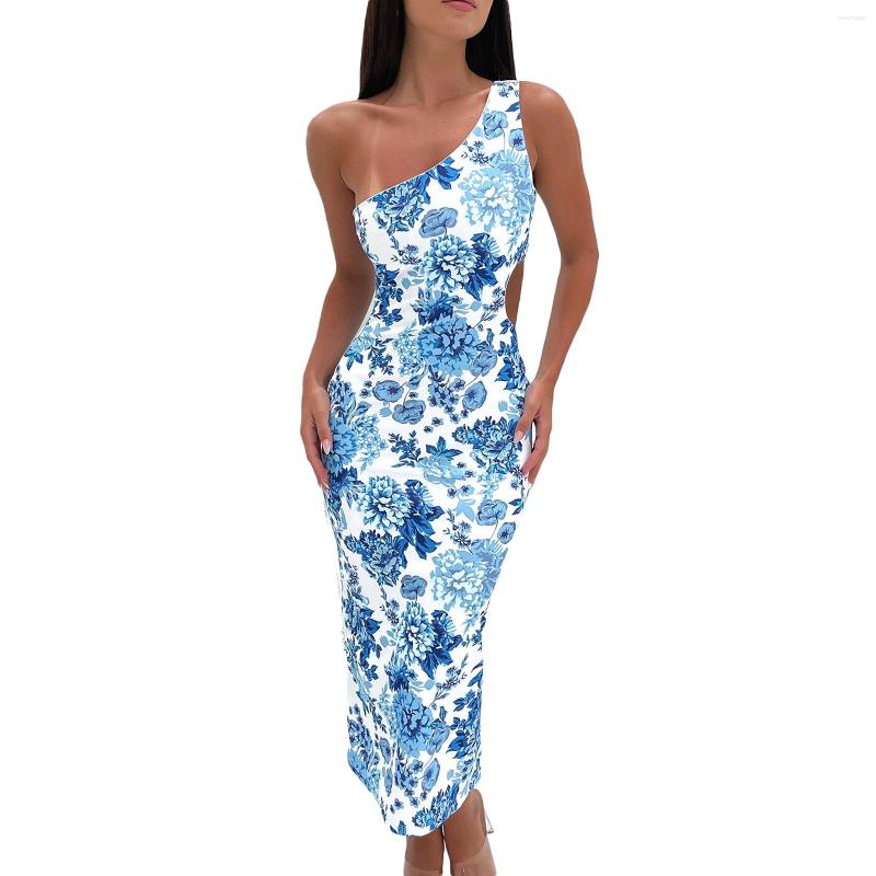 

Casual Dresses Women Summer Midi Skinny Dress Blue Sleeveless Backless One Shoulder Floral