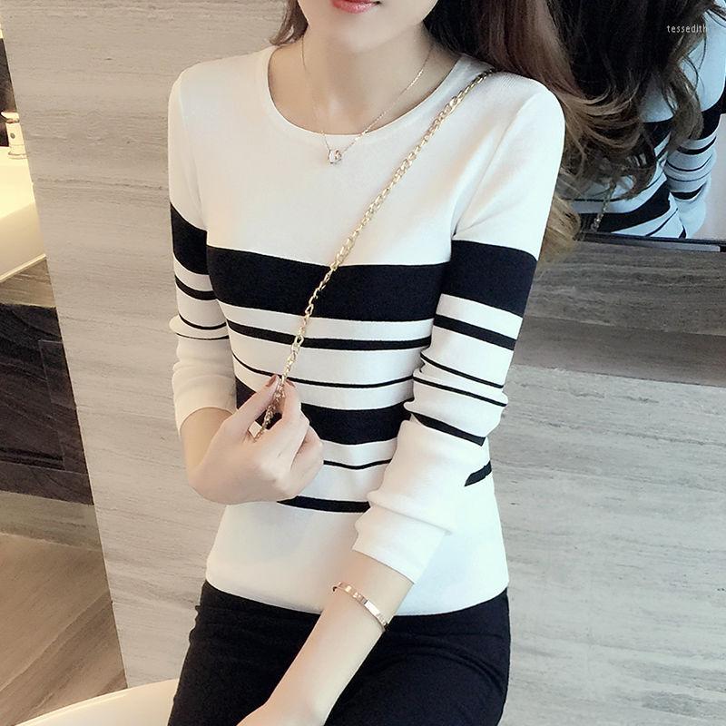 

Women' Sweaters 2023 Spring Autumn O-neck Sweater Women Stripe Knitwear Slim Base Shirt Lady Long-sleeve Elastic Pullover Soft Short, White
